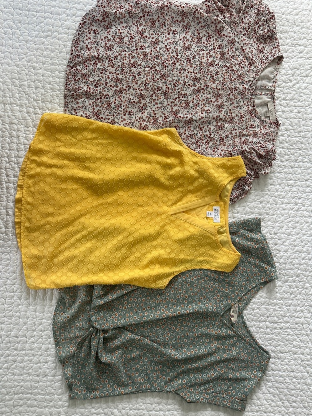 Yellow Eyelet Sleeveless Top, Teal Floral Top & Red/Pink Floral Top